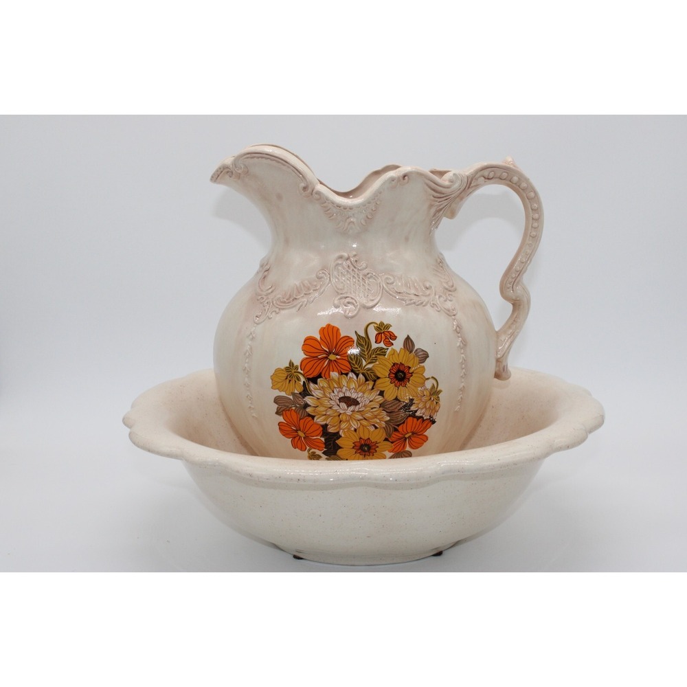 VTG Arnel's Water Pitcher and Wash Basin Beige Floral Glazed Set